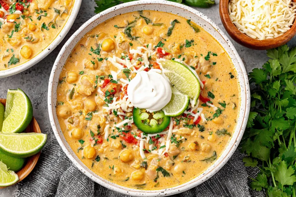 Vegan White Chickpea Chili served with jalapeño, lime wedges, and dairy-free toppings