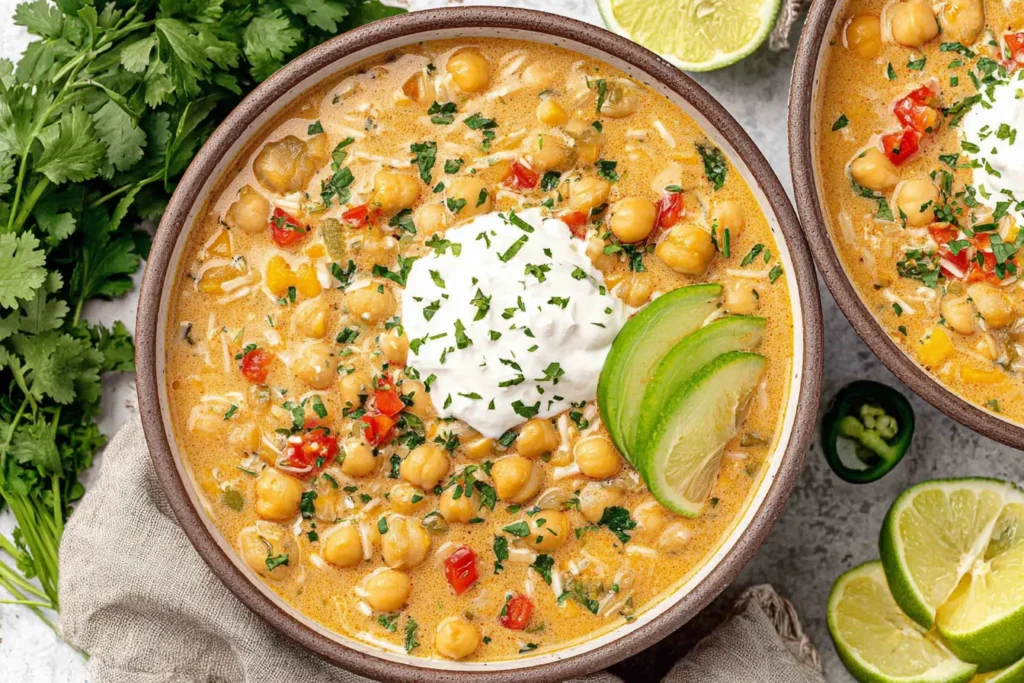 Vegan White Chickpea Chili topped with creamy vegan sour cream, avocado slices, and fresh cilantro