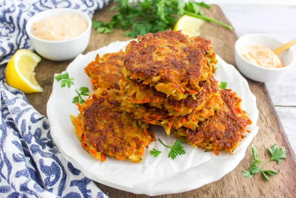 Vegetable Potato Fritters on a white plate with lemon wedges, parsley, and creamy sriracha mayo for dipping
