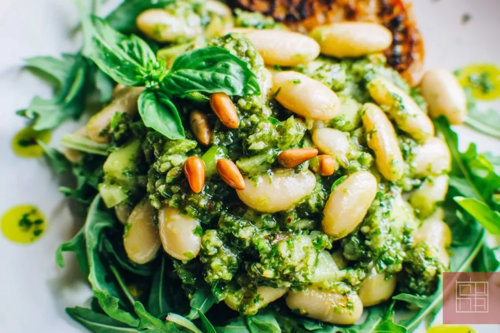 Quick & Healthy Warm White Bean Salad piled on arugula with arugula pesto, white beans, toasted pine nuts, and a drizzle of olive oil.