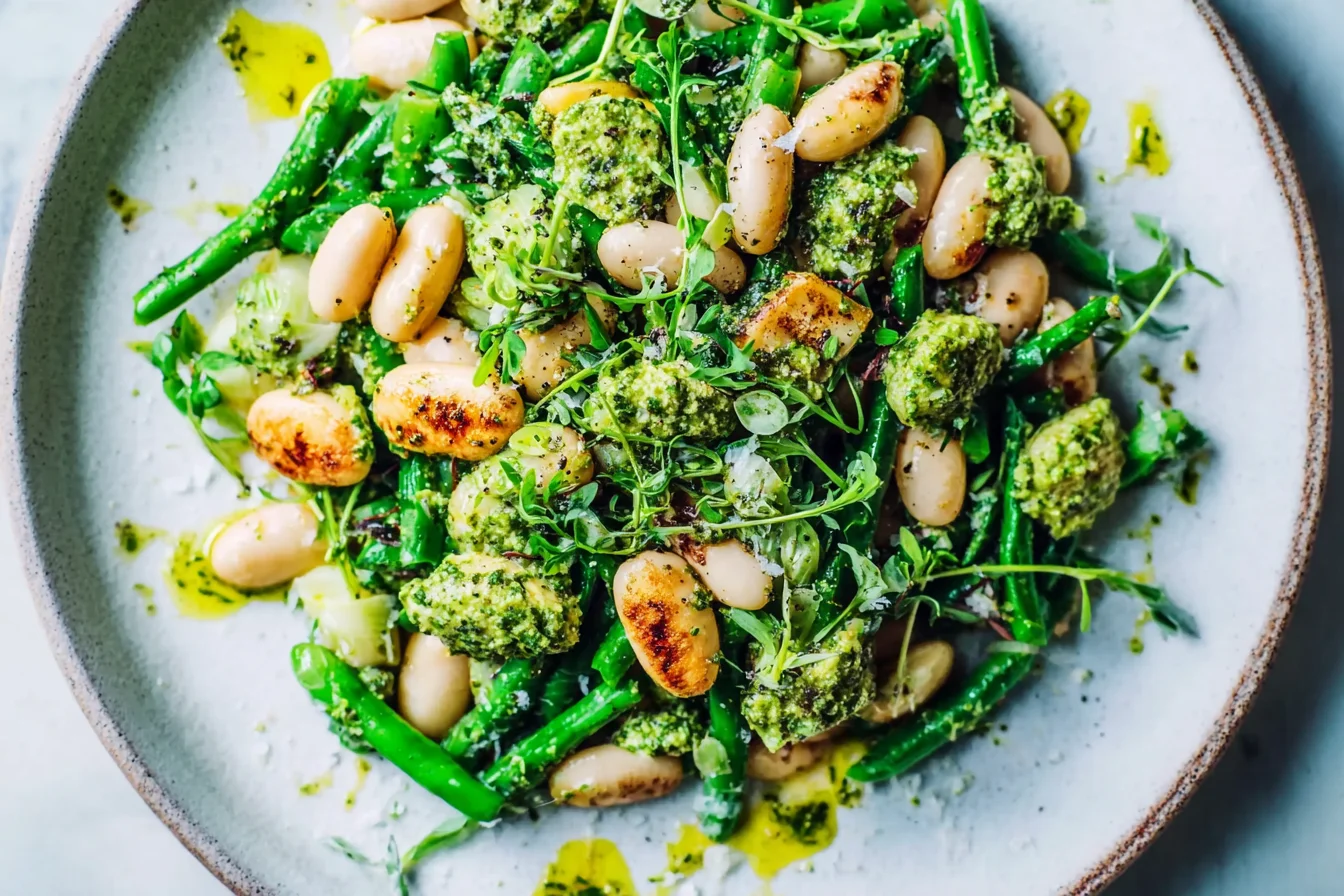 Quick & Healthy Warm White Bean Salad with arugula pesto, green beans, toasted almonds, and fresh herbs in a shallow bowl.