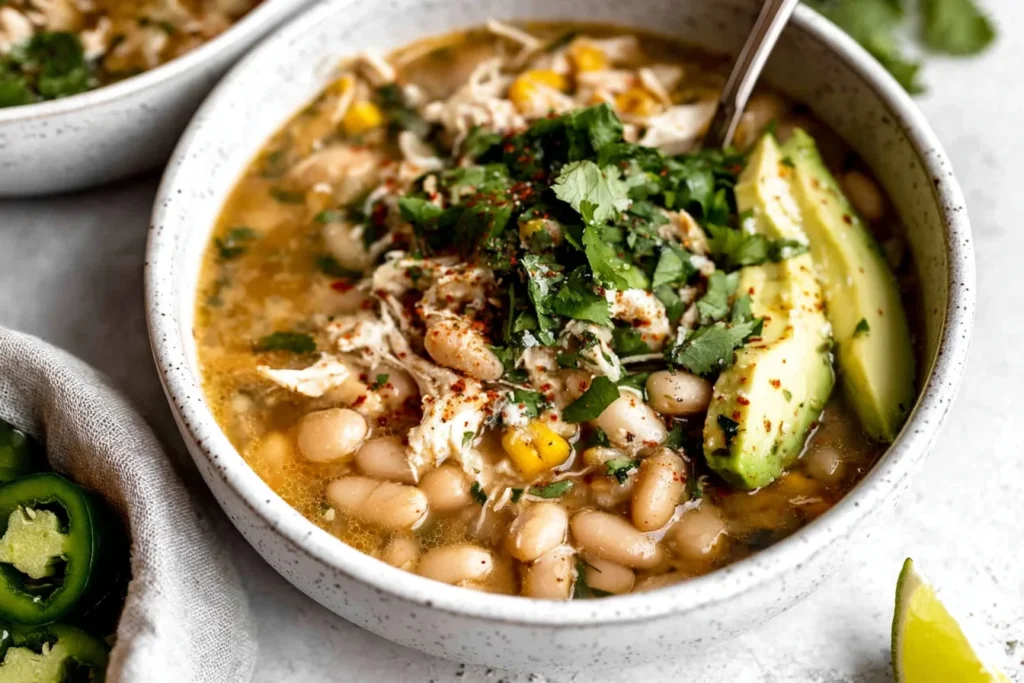 Close-up bowl of White Bean Chicken Chili with shredded chicken, white beans, corn, cilantro, avocado slices, and a lime wedge.
