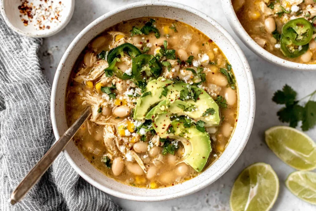 Bowl of White Bean Chicken Chili topped with avocado slices, cilantro, jalapeños, and lime on the side.
