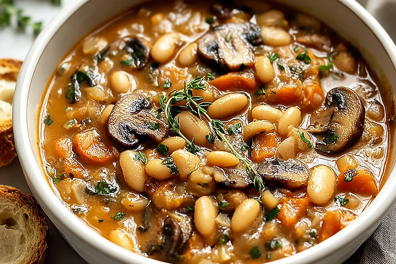 White Bean Mushroom Stew in a white bowl with tender mushrooms, creamy white beans, carrots, herbs, and a rich savory broth.