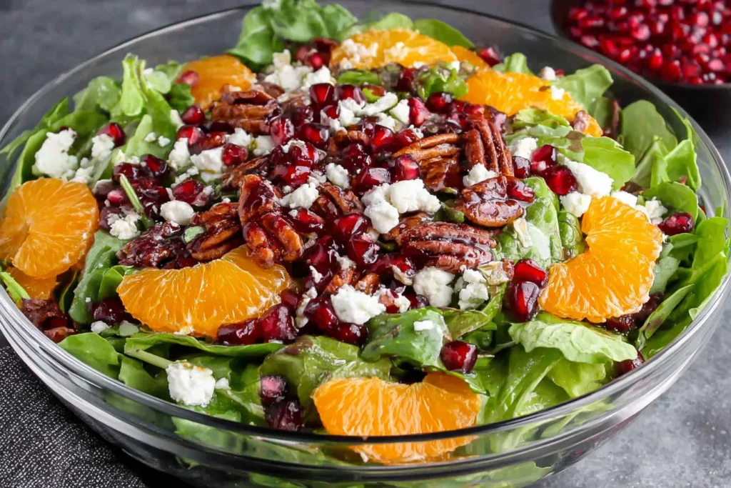 Winter Salad Recipe in glass bowl with oranges, pomegranate, feta, and pecans