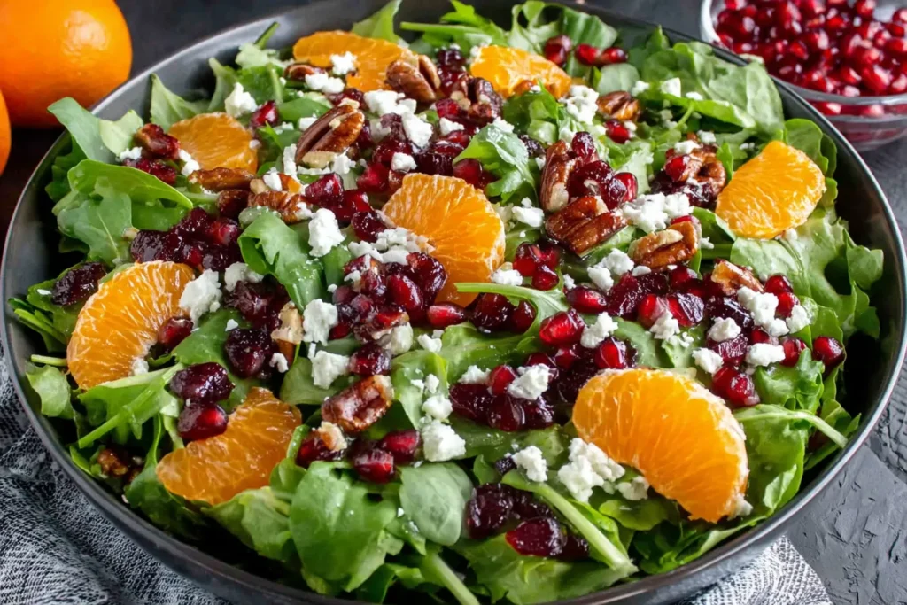 Winter Salad Recipe with mandarin oranges, pomegranate seeds, feta cheese, and candied pecans over mixed greens