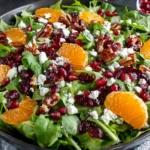 Winter Salad Recipe with mandarin oranges, pomegranate seeds, feta cheese, and candied pecans over mixed greens