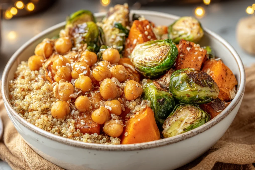 Winter Veggie Chickpea Bowl with roasted sweet potatoes, Brussels sprouts, chickpeas, and fluffy quinoa in a white bowl.
