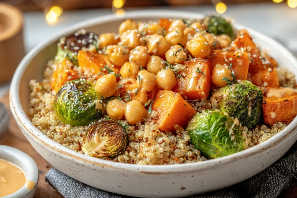Winter Veggie Chickpea Bowl with quinoa, roasted sweet potato cubes, Brussels sprouts, and chickpeas drizzled with creamy tahini sauce