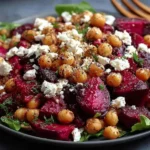 Chickpea Beet and Feta Salad with roasted beets, chickpeas, crumbled feta, and fresh herbs on a dark plate.