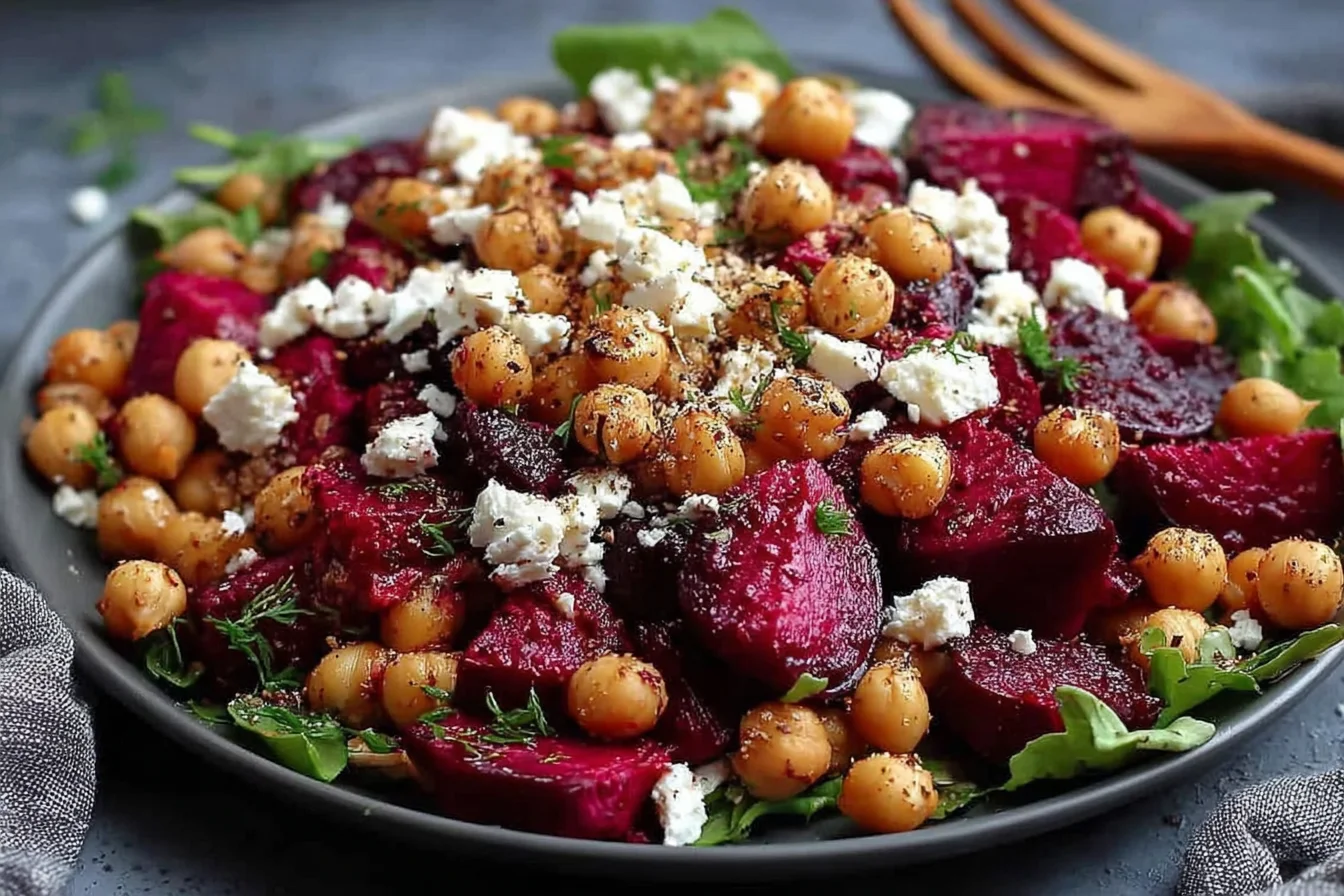 Chickpea Beet and Feta Salad with roasted beets, chickpeas, crumbled feta, and fresh herbs on a dark plate.