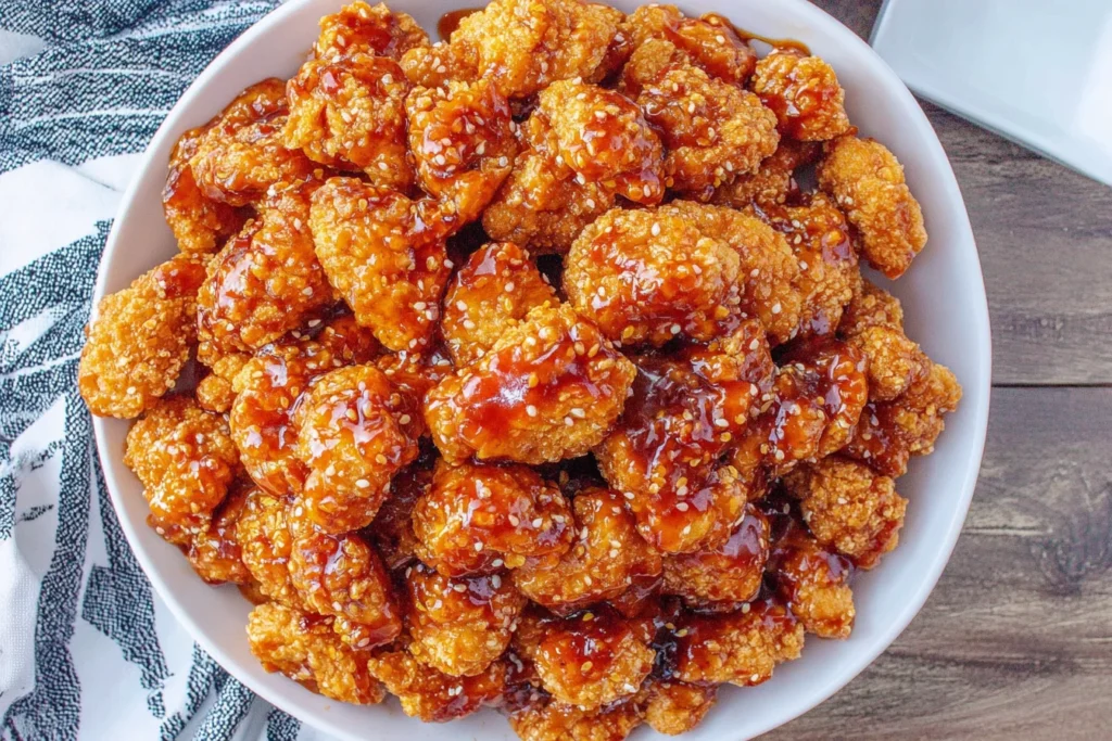 3 Ingredient Orange Chicken platter with sticky orange glaze and sesame