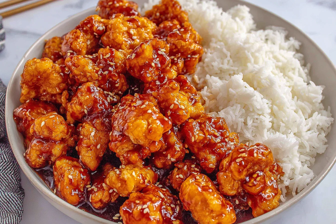 3 Ingredient Orange Chicken crispy nuggets coated in orange sauce