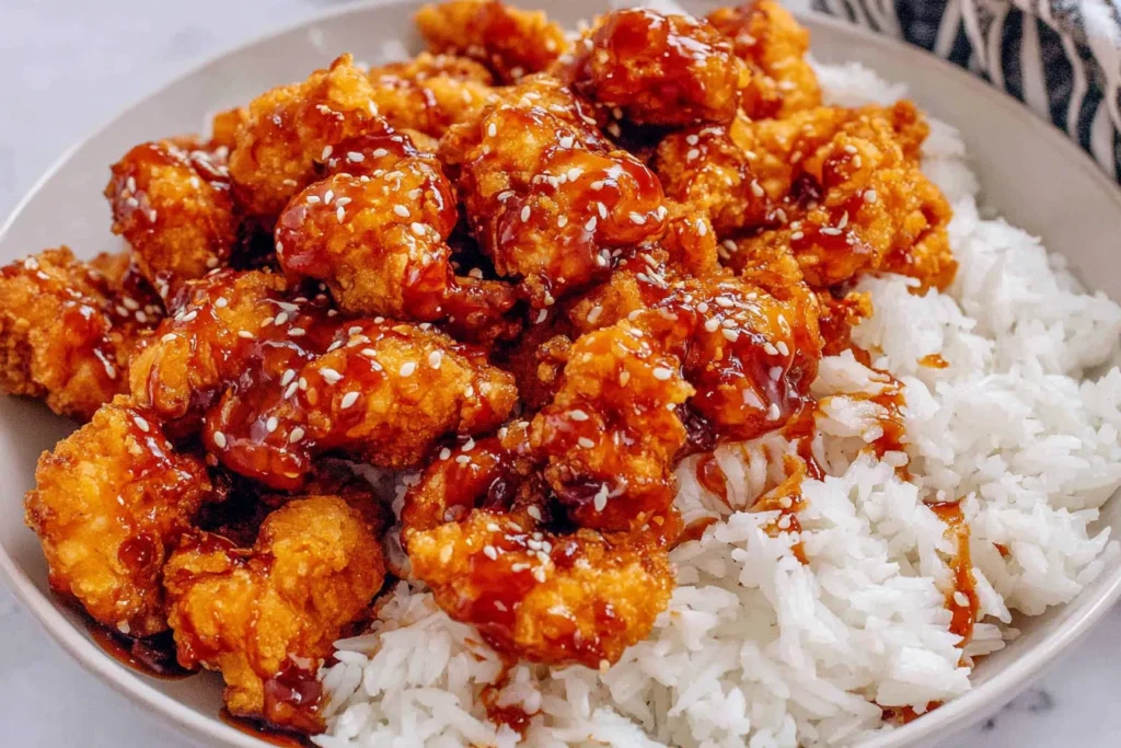 3 Ingredient Orange Chicken served over white rice with sesame seeds