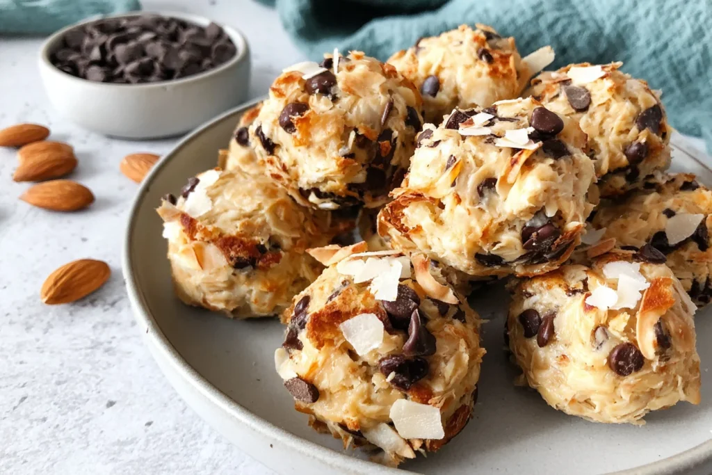 Golden Almond Joy Protein Balls with toasted coconut chocolate chips and almonds