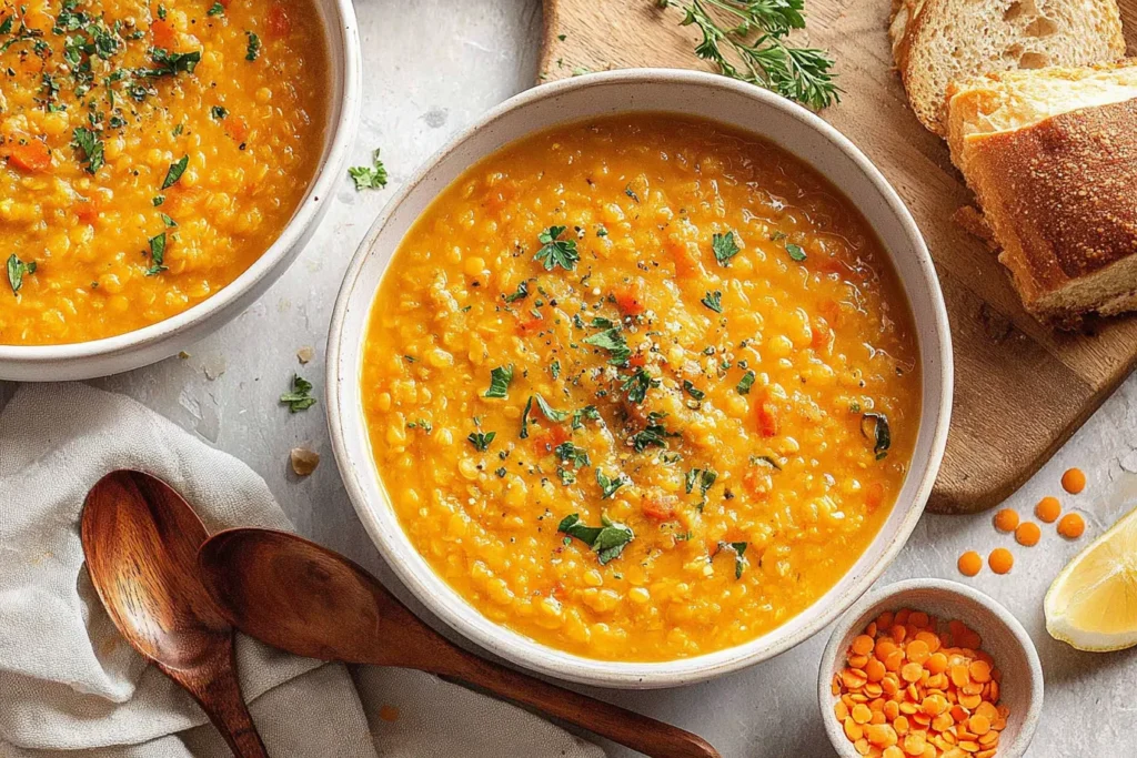 Anti-Inflammatory Lentil Soup Recipe topped with parsley and black pepper served with lemon and red lentils
