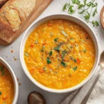 Anti-Inflammatory Lentil Soup Recipe served in a bowl with parsley, red lentils, and crusty bread on the side