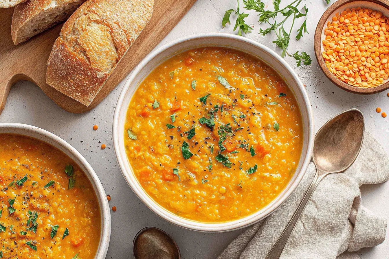 Anti-Inflammatory Lentil Soup Recipe served in a bowl with parsley, red lentils, and crusty bread on the side