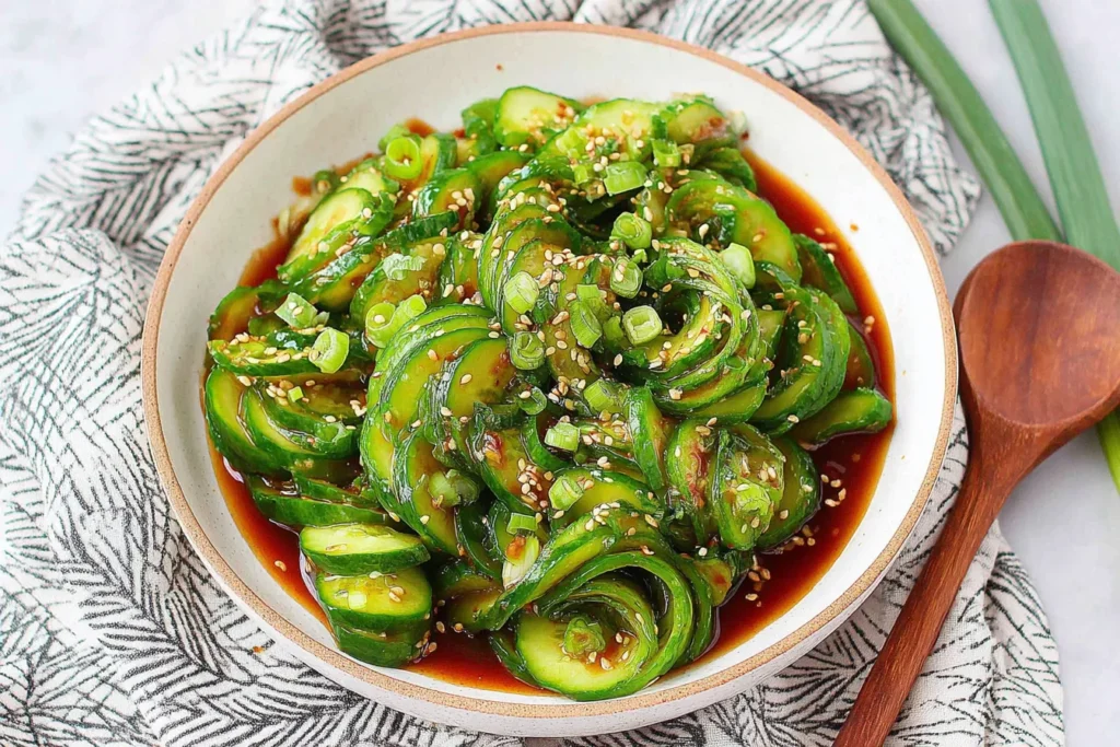 Asian Cucumber Salad TikTok Recipe with spiral cucumbers in sesame soy chili dressing topped with sesame seeds and green onions