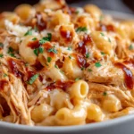 BBQ Chicken Mac and Cheese with melted cheese and shredded BBQ chicken