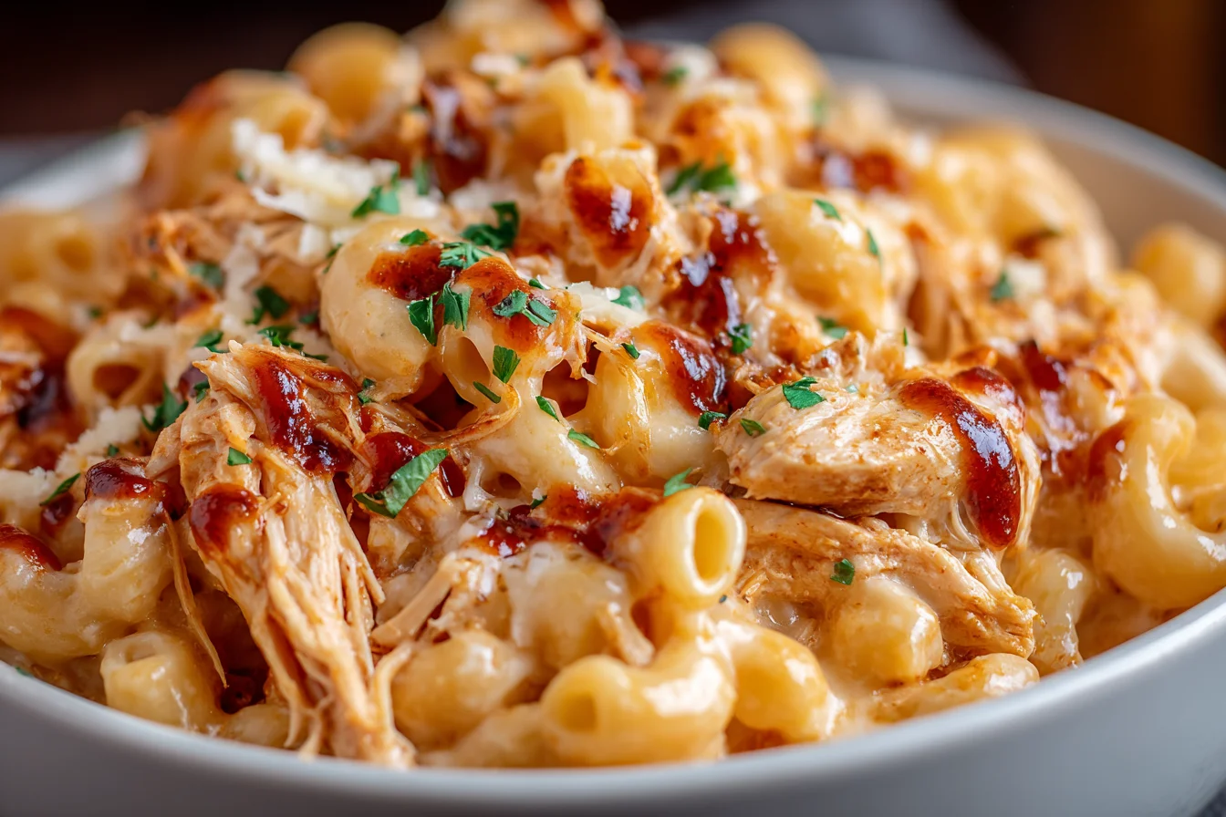 BBQ Chicken Mac and Cheese with melted cheese and shredded BBQ chicken