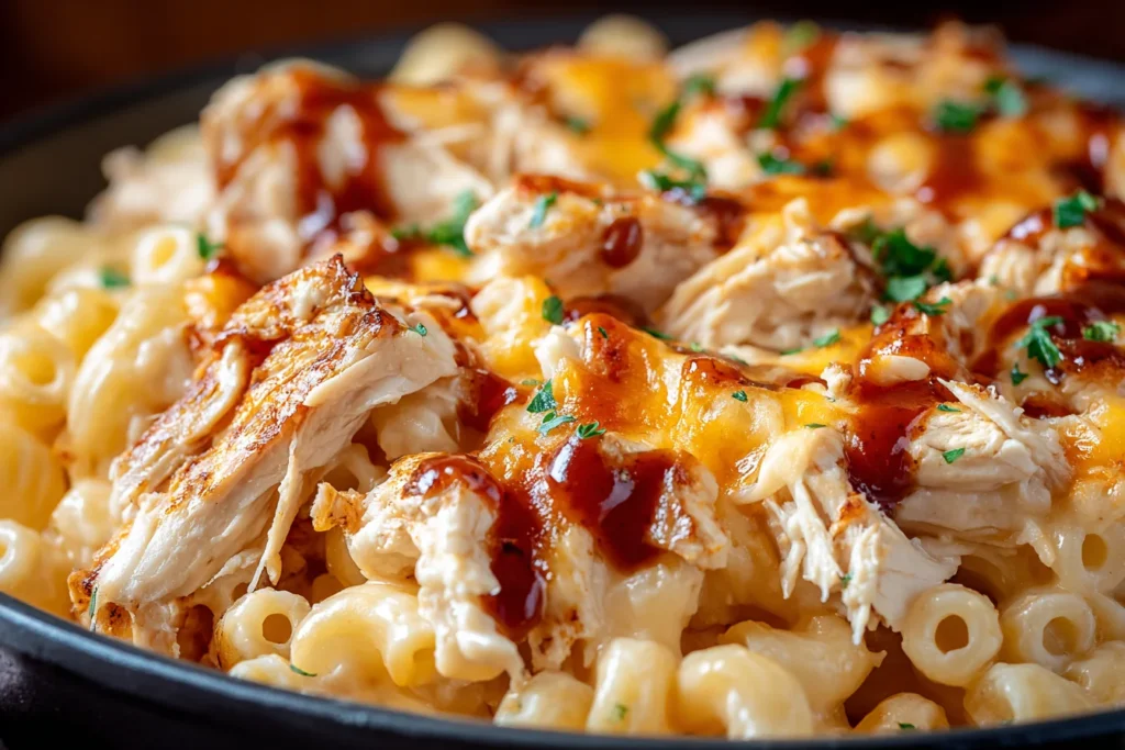 BBQ Chicken Mac and Cheese creamy pasta with shredded chicken and BBQ sauce