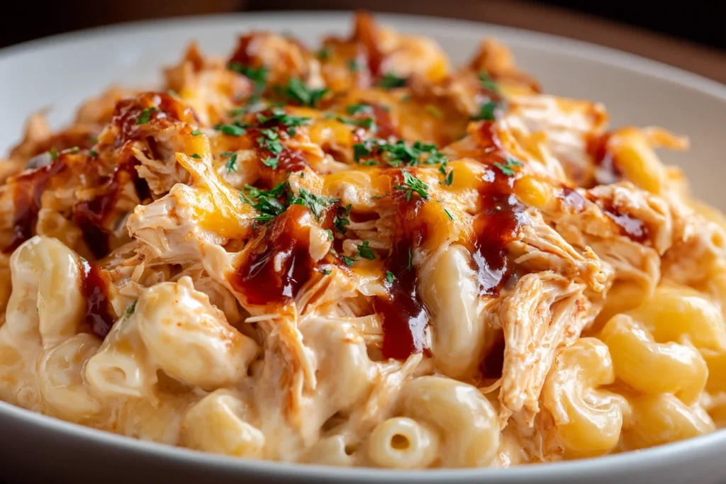 BBQ Chicken Mac and Cheese bowl with cheesy pasta and BBQ chicken topping