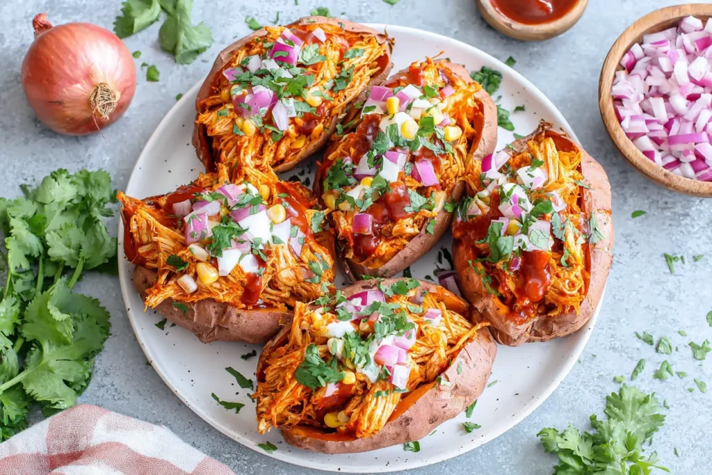 BBQ Chicken Stuffed Sweet Potatoes with shredded chicken, barbecue sauce, corn, red onion, and cilantro on a round plate