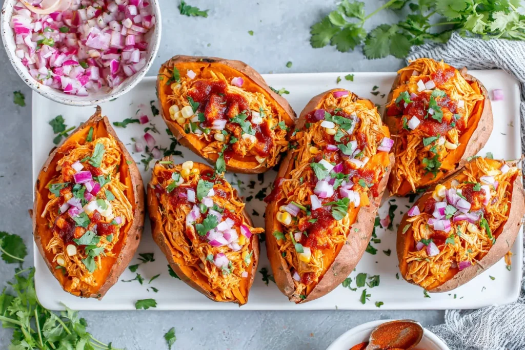 BBQ Chicken Stuffed Sweet Potatoes topped with shredded barbecue chicken, red onions, cilantro, and sauce on a white serving platter