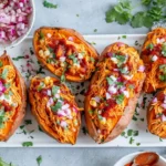 BBQ Chicken Stuffed Sweet Potatoes topped with shredded barbecue chicken, red onions, cilantro, and sauce on a white serving platter