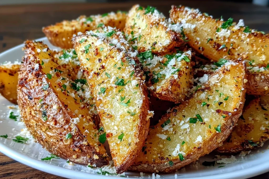 Baked Garlic Parmesan Potato Wedges plated with parsley and parmesan topping