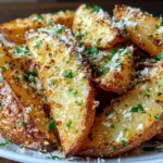 Baked Garlic Parmesan Potato Wedges plated with parsley and parmesan topping