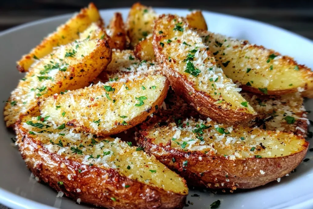 Baked Garlic Parmesan Potato Wedges crispy golden with herbs and cheese