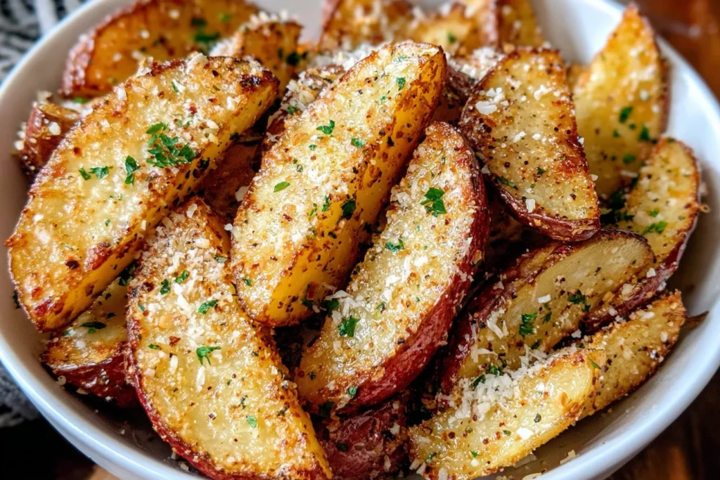 Baked Garlic Parmesan Potato Wedges in bowl with crispy edges and seasoning