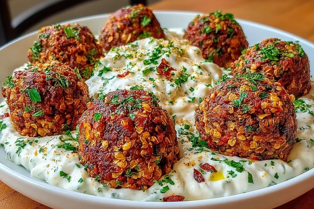 Baked Greek Lentil Meatballs with Tzatziki served in a bowl with crispy, golden lentil meatballs over creamy herbed tzatziki.