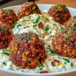 Baked Greek Lentil Meatballs with Tzatziki served in a bowl with crispy, golden lentil meatballs over creamy herbed tzatziki.