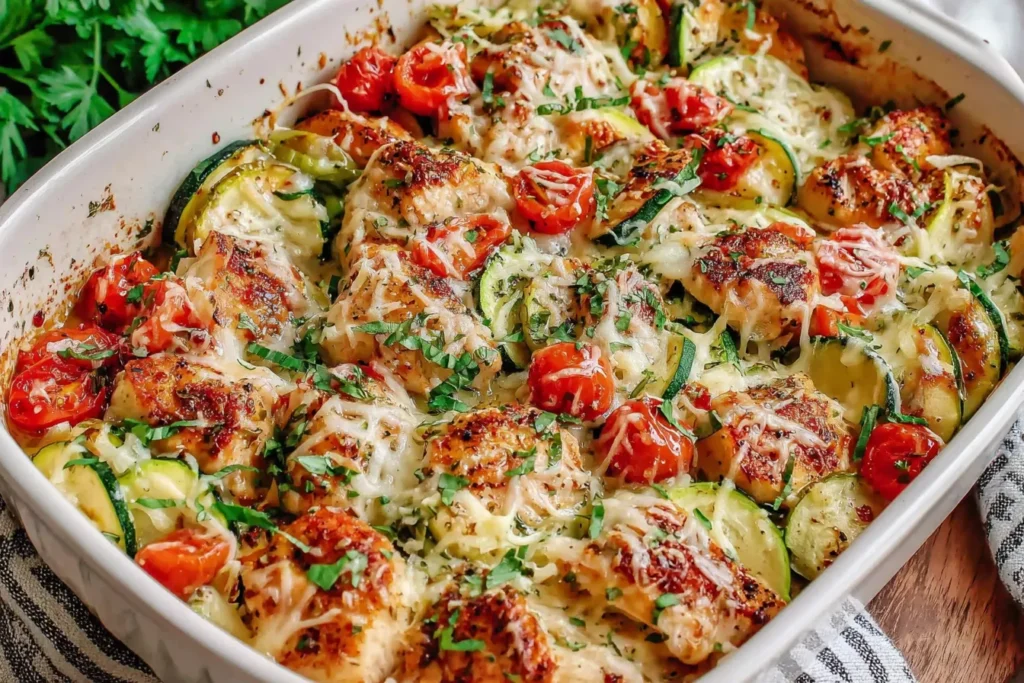 Best Mediterranean Chicken Zucchini Bake topped with melted mozzarella, herbs, roasted zucchini, and tomatoes in a white casserole dish