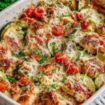 Best Mediterranean Chicken Zucchini Bake topped with melted mozzarella, herbs, roasted zucchini, and tomatoes in a white casserole dish