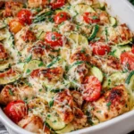 Best Mediterranean Chicken Zucchini Bake with juicy chicken, roasted zucchini, cherry tomatoes, and melted cheese in a baking dish