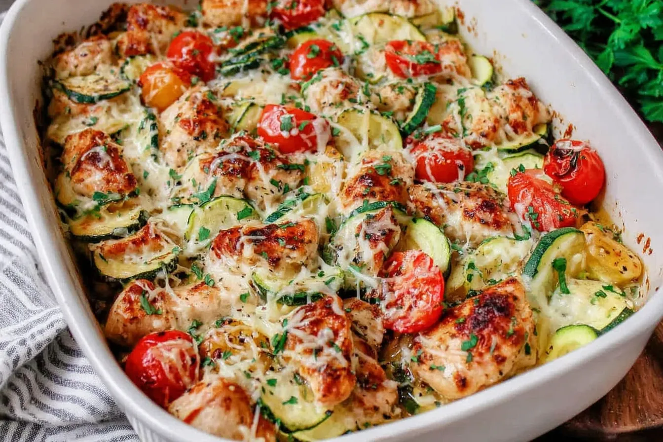 Best Mediterranean Chicken Zucchini Bake with juicy chicken, roasted zucchini, cherry tomatoes, and melted cheese in a baking dish