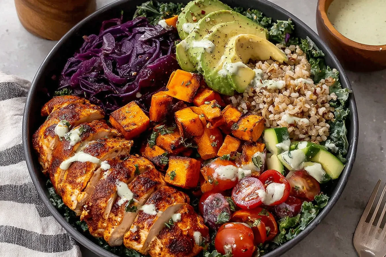 Healthy Blackened Chicken and Sweet Potato Bowls with quinoa, avocado slices, red cabbage, and greens