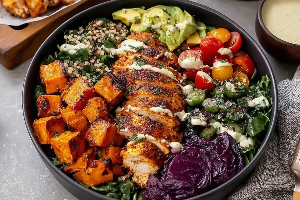 Blackened Chicken and Sweet Potato Bowls with roasted sweet potatoes, avocado, quinoa, and creamy dressing