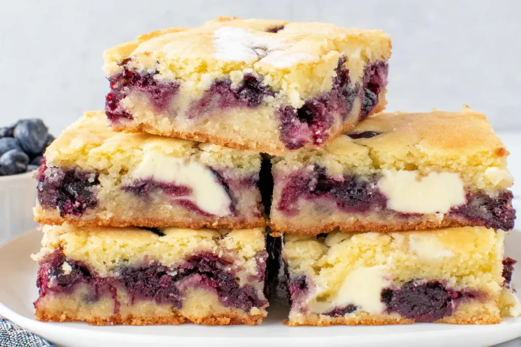 Blueberry Blondies stacked on a plate with juicy blueberries and creamy white chocolate chips