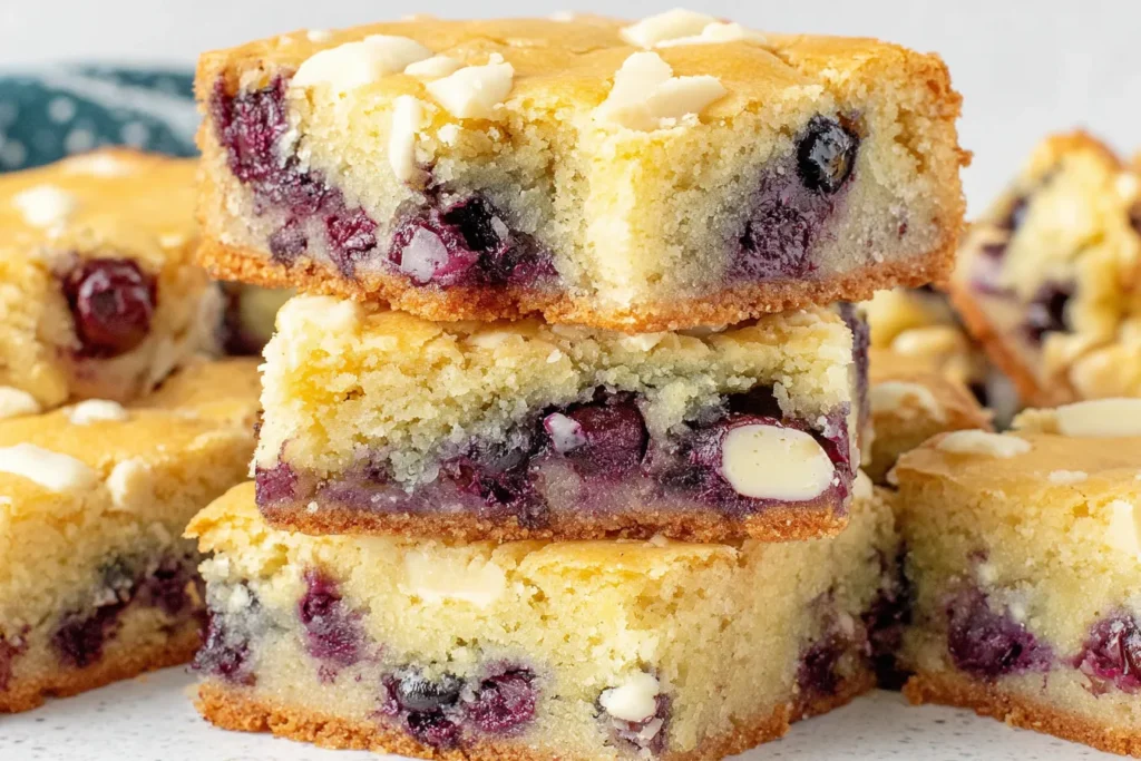 Chewy Blueberry Blondies dessert bars with white chocolate chips and baked blueberries