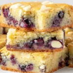 Chewy Blueberry Blondies dessert bars with white chocolate chips and baked blueberries
