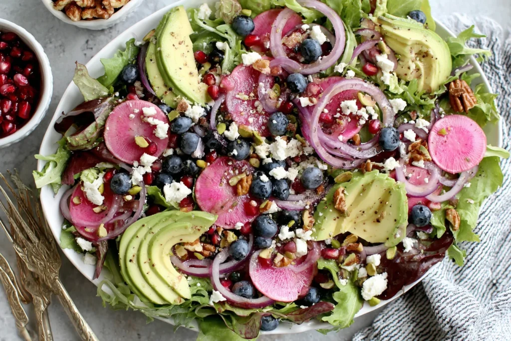 Blueberry and Pistachio Spring Salad with radish, red onion, and feta cheese