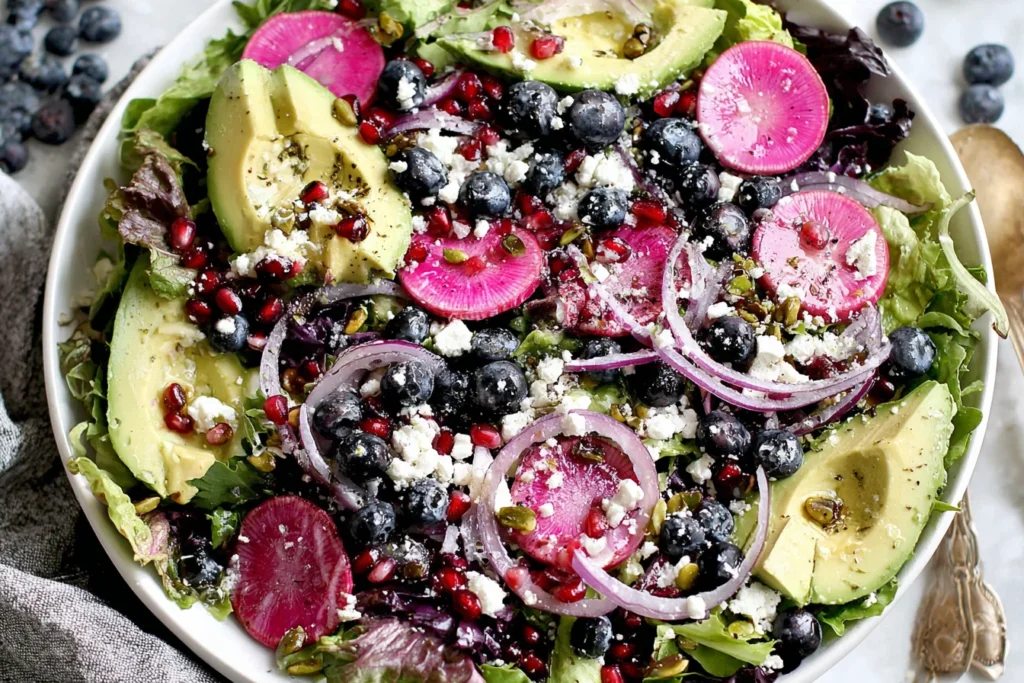 Healthy Blueberry and Pistachio Spring Salad with avocado and pomegranate seeds