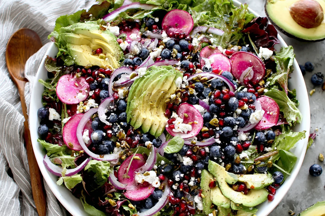 Blueberry and Pistachio Spring Salad with avocado, feta, and pomegranate
