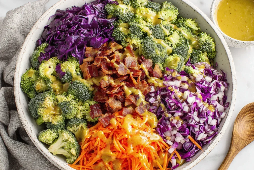 Broccoli Salad with Honey Dijon Dressing ingredients before mixing including broccoli, bacon, cabbage, and carrots