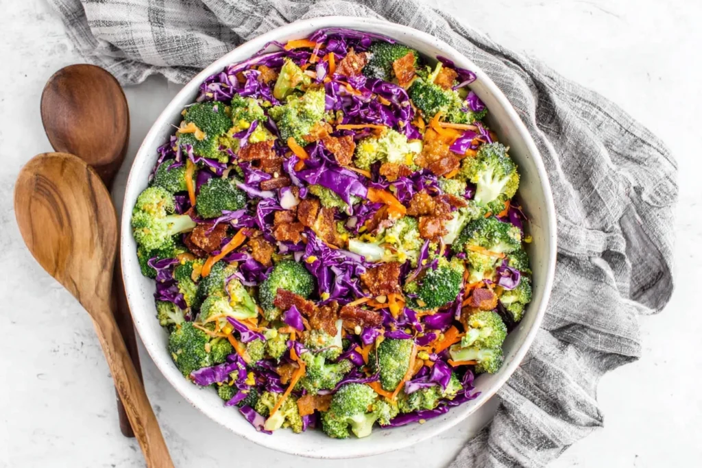Broccoli Salad with Honey Dijon Dressing mixed with bacon, cabbage, and carrots in a bowl